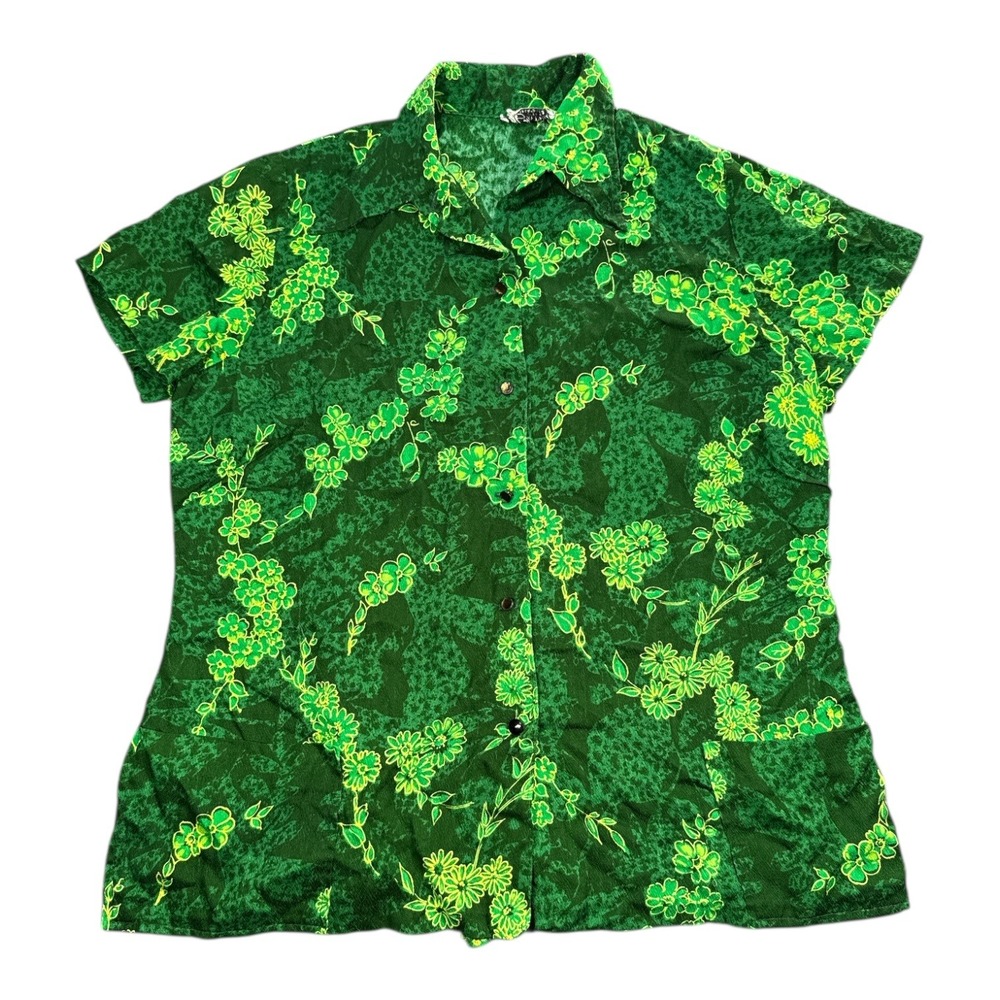 Sanford of California Women Green Floral‎ Aloha Button Up Shirt Top